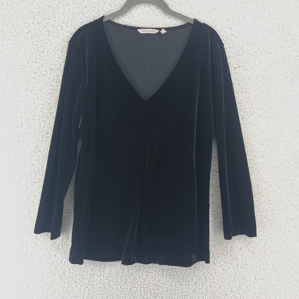 Soft Surroundings Black Velvet Top Women's Large V-Neck Long Sleeve Empire Waist